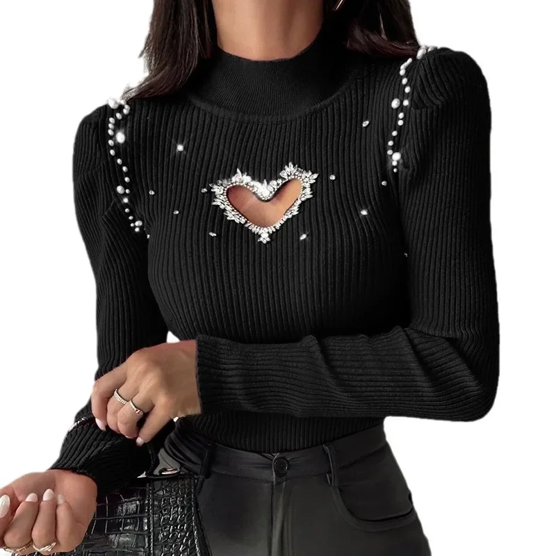 

Women's Top Slim and Hollow, Sexy and Elegant Autumn and Winter 2024 Sweater with Semi-turtleneck Bottoming Shirt with Beads