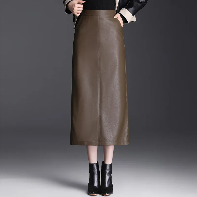 Zipper High Waist Slim PU Leather Bodycon Pencil Skirt Women Fall Winter Elegant Chic Long Coffee Black Skirts Office Lady 99650 image 2