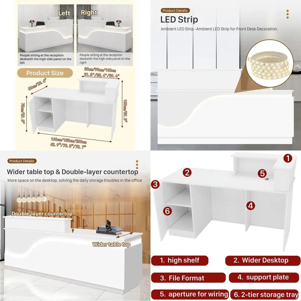 

Multi-Layer Solid Wood Desk with Seven-Color RGB Light Strip and Office Display Counters, 63 White-Right