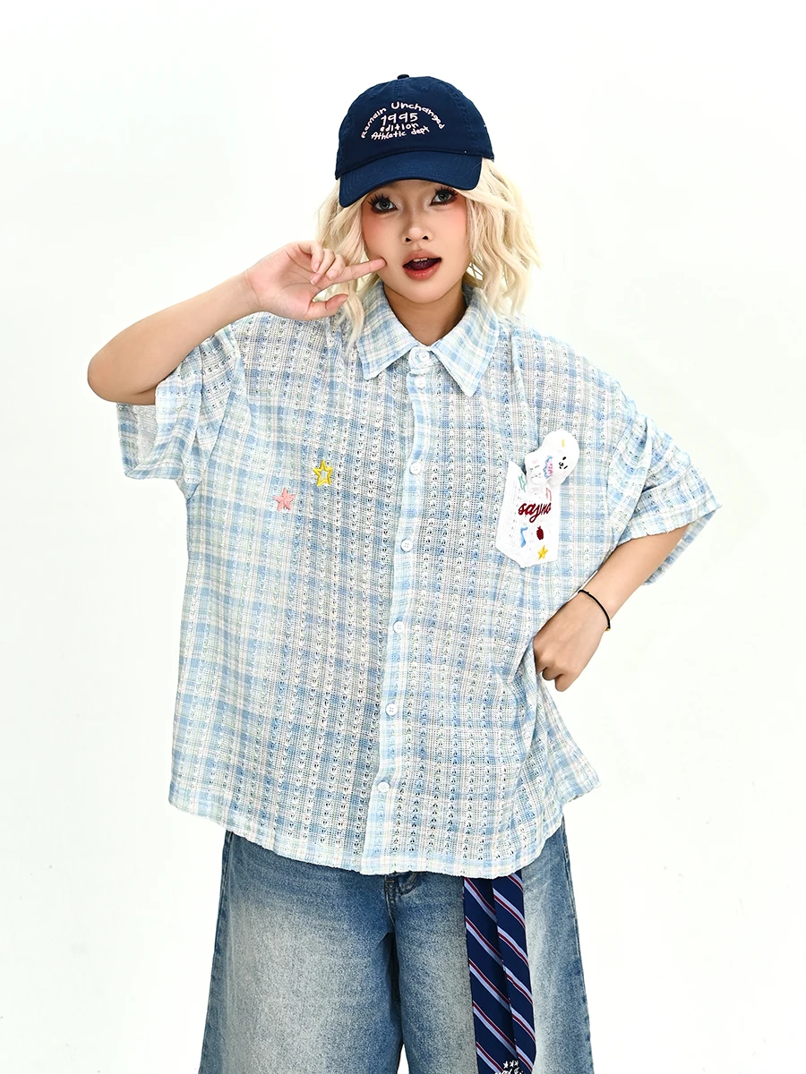 

Summer New Loose Women's Short Sleeve Shirt Pocket Little Dog Vintage College Style Top Street Style Printed Casual Female Shirt