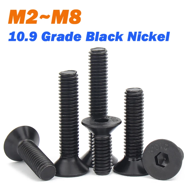 10.9 Grade Black Nickel Flat Countersunk Head Hex Socket Screws M2 M2.5 M3 M4 M5 M6 M8 DIN 7991 Alloy Steel Bolts