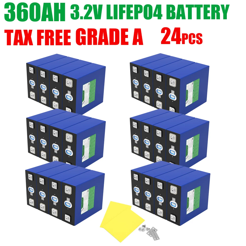 

24x 10000Cycle 3.2V 360Ah LiFePO4 Battery Lithium Iron Phosphate for 12v 24v Travel Solar Campers Golf Cart Yacht Duty-free
