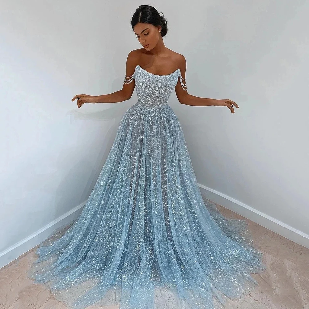 CustomizedCustomized Fashion Sparkle Flowers Tulle Prom Dresses With Sequined Sky Blue Lace Appliques Formal Evening Dresses