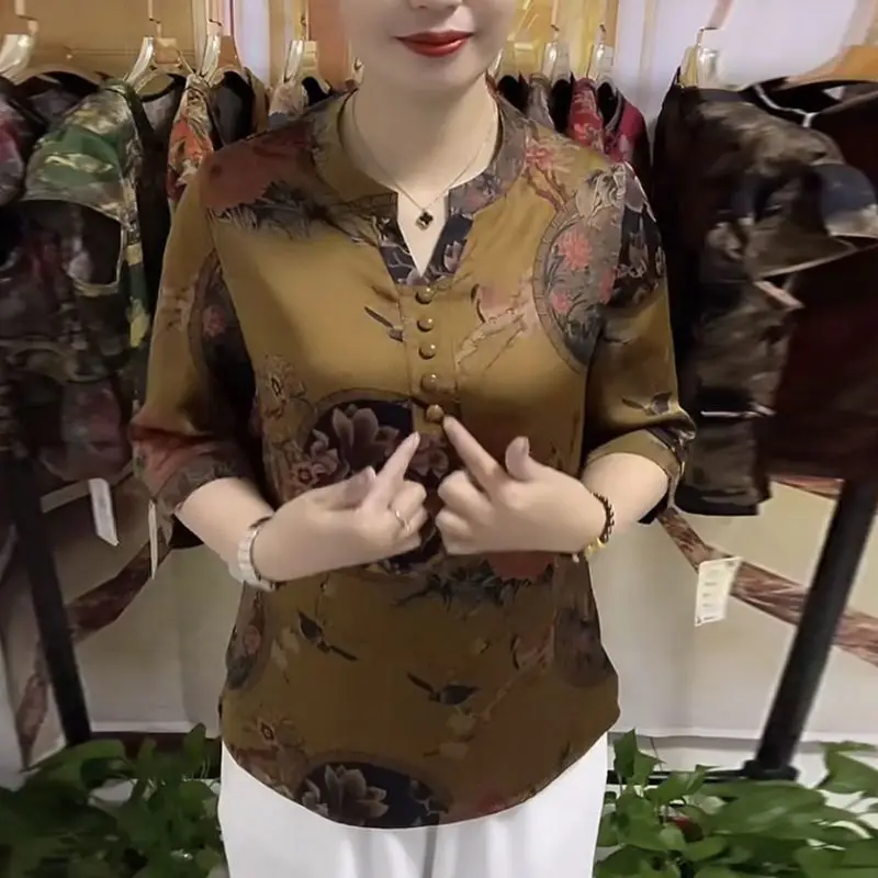 Camisas de manga comprida estampadas em vintage com decote em v, tops casuais soltos, blusas para senhora do escritório, roupas novas, outono, 2024