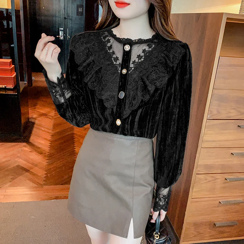 New Korean Fashion Ladies Lace Stitching Shirts Blouses Casual Women Tops Female Woman Button Up Shirt Girl Long Sleeve Blouse 2