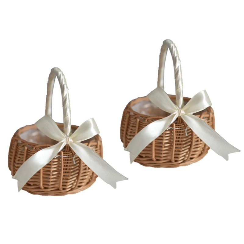 

2X Woven Flower Basket Rattan Storage Basket Flower Girl Hand Basket Handmade Flower Basket With Bow, L