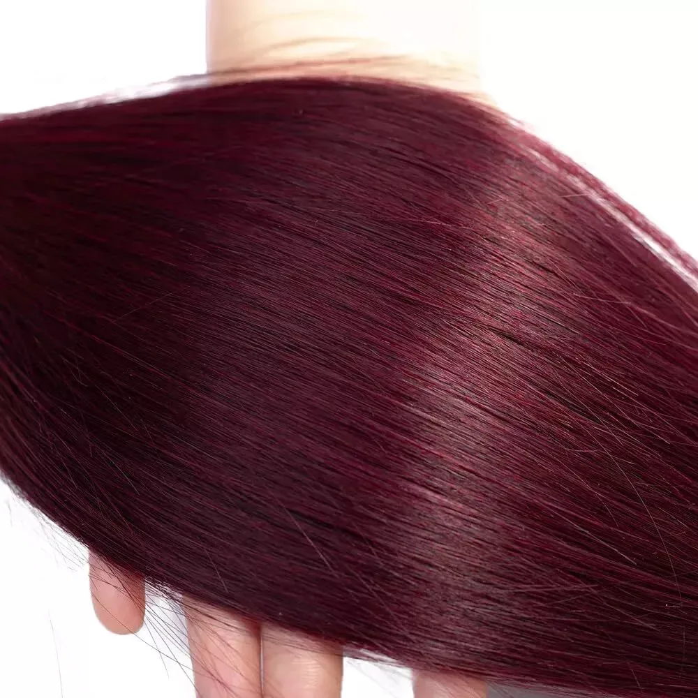 Mechones de cabello humano liso para mujer, extensiones de cabello virgen brasileño, Color rojo vino, n. ° 99J, 100%, 1/3, 30 pulgadas