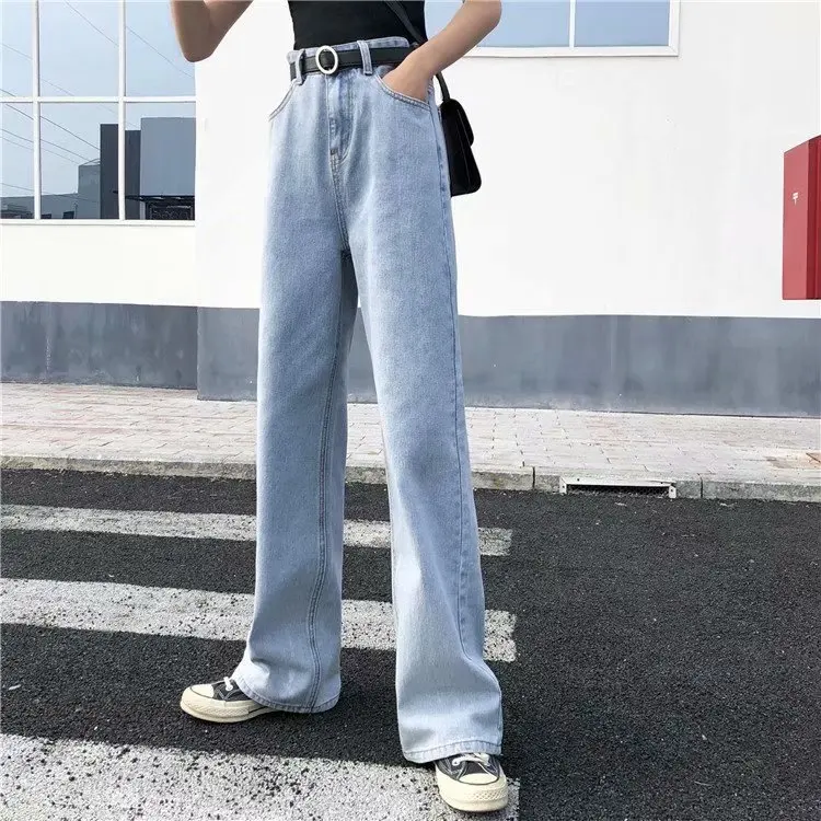 Korean Version of Fashion Casual Straight Leg Jeans Women Four Seasons New Simple High Waist Wide Leg Pants Floor-length Jeans