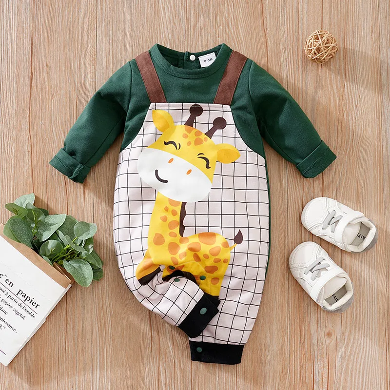 Newborn Baby Romper Unisex green Giraffes with plaid straps fashion Jumpsuit Spring long sleeve high quality For Toddler Outfits