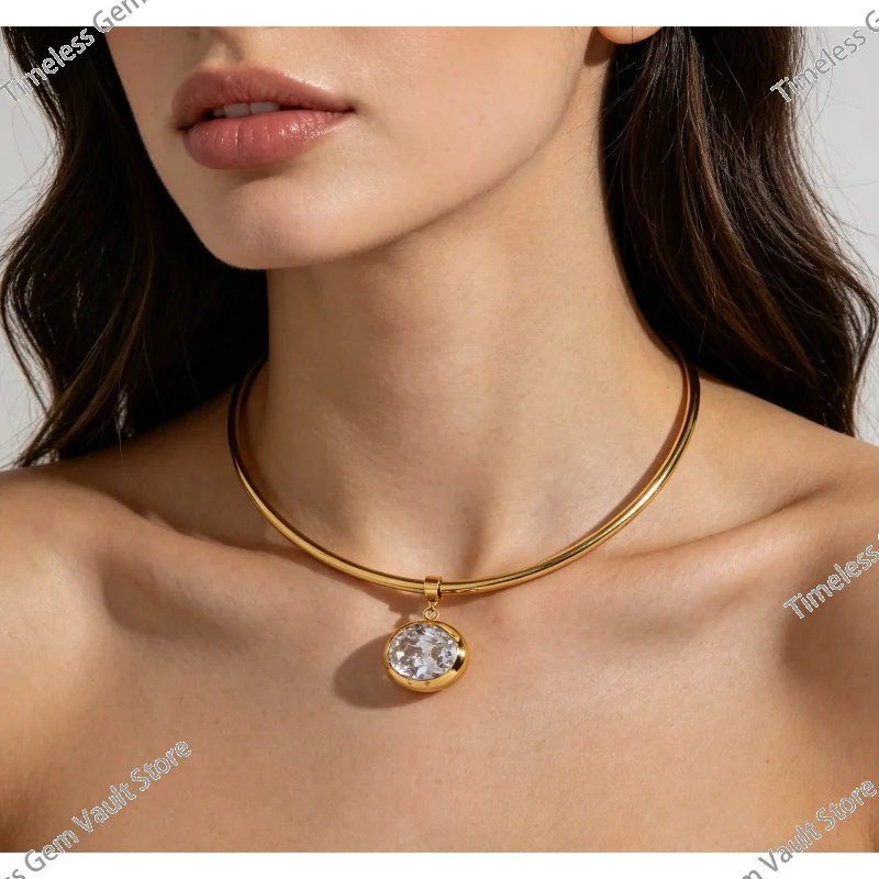 

Luxury 18K Gold stainless steel necklaces and pendants 4mm Thick Tube Oval White Zircon Pendant Choker for Necklaces for women