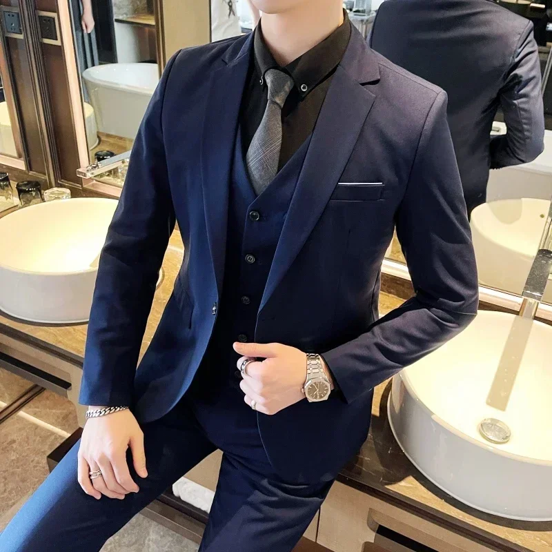 Boutique Cor Sólida dos homens Casual Office Business Suit Três e Duas Peças Set Noivo Vestido de Noiva Blazer Colete Calças