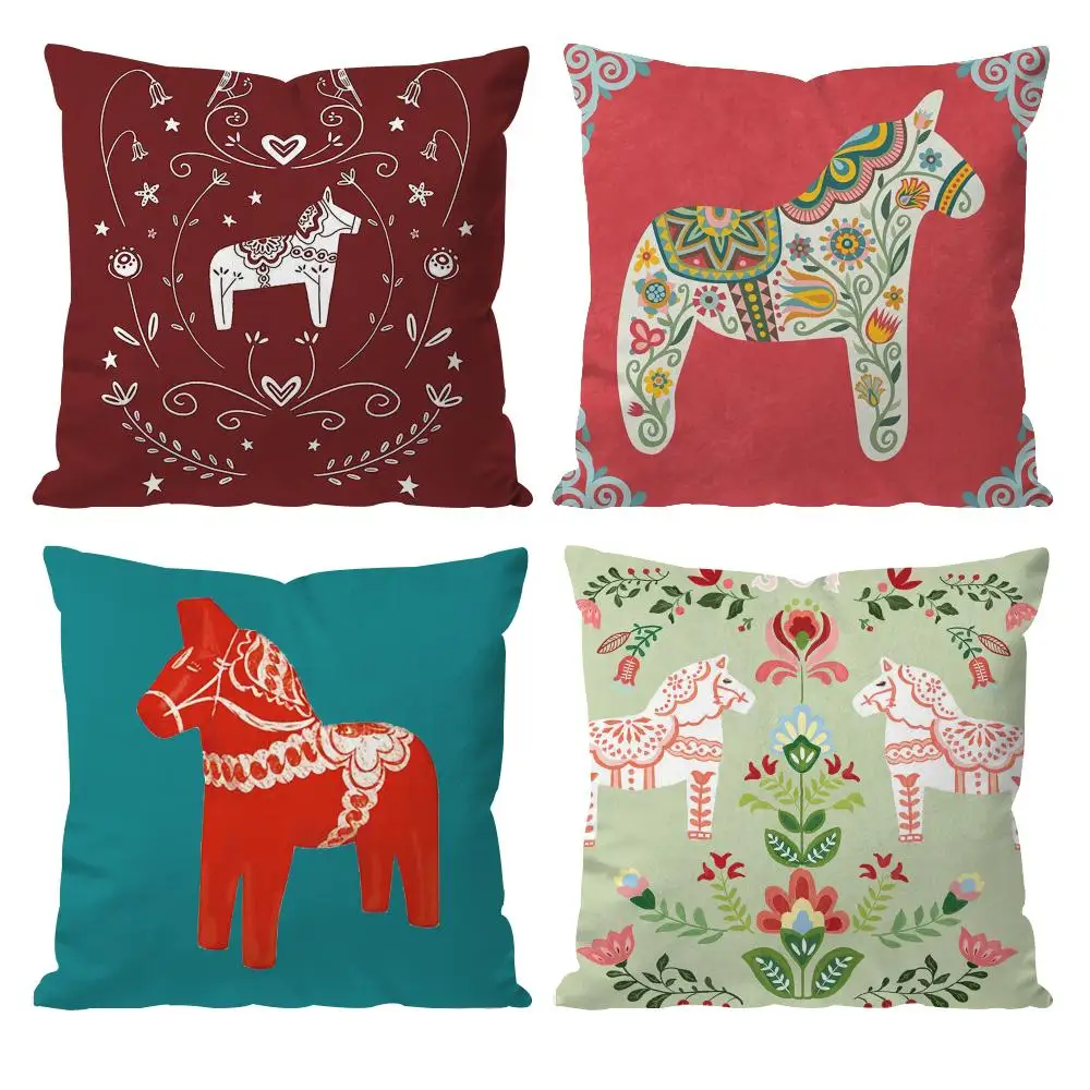 Dala Horse Print Cushion Cover Pattern Printed Pillowcase For Living Room Sofa Cushion Cover & Bedroom Decor