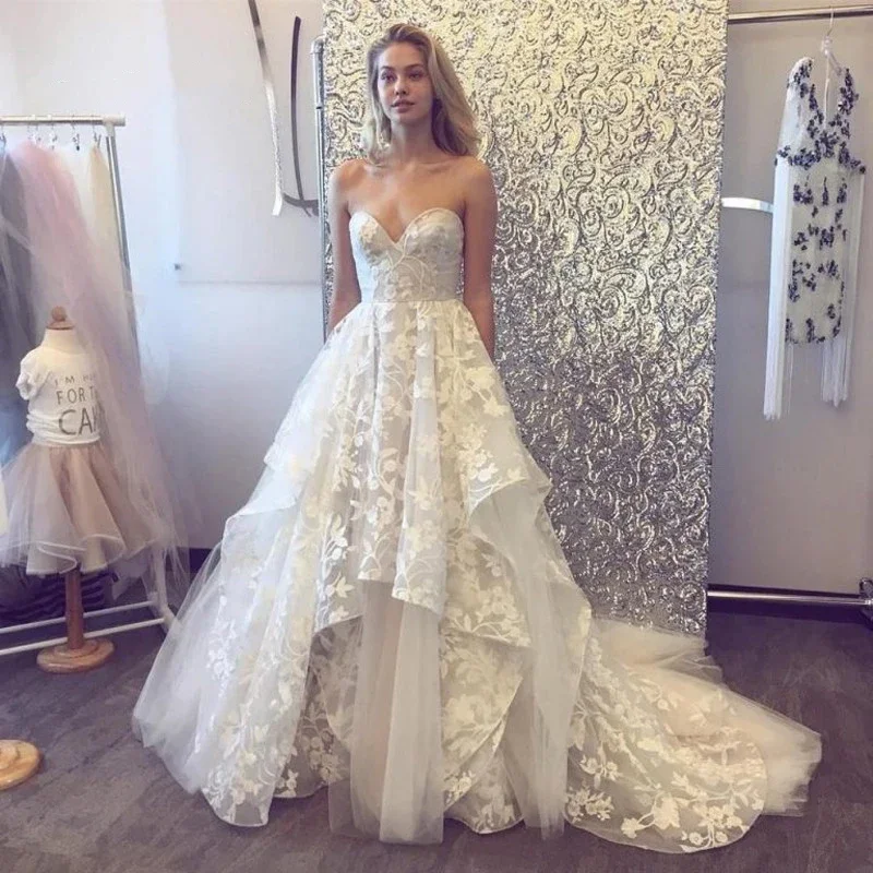 Schatz Spitze Applikationen Langes Hochzeitskleid Elegantes ärmelloses Rüschen Tüll Braut Brautkleider Vestido De Noiva