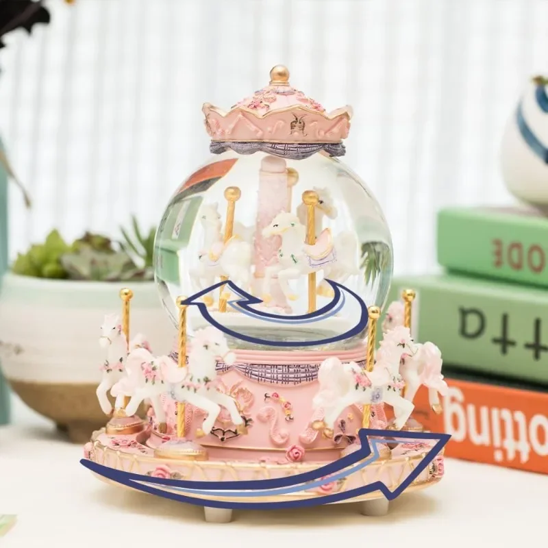 Gift Wrapped Music Box Carousel Horses Color Lights Unicorn Musical Snow Globe for Girls and Women Baby Birthday Presents