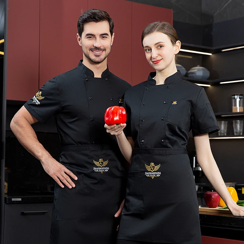 Unisex chef uniform Kurzarm Schwarz restaurant Uniform Bäckerei Lebensmittel Service Atmungsaktive Zweireiher neue Kochen kleidung