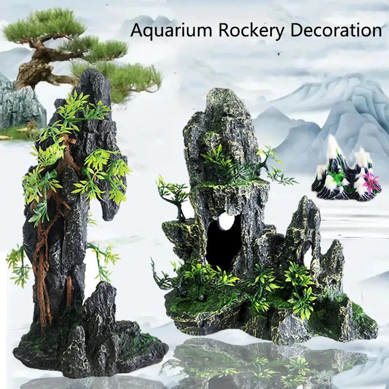 Resin Aquarium Rockery Mountain Decoration Artificial View Rock Cave Stone Tree Fish Tank Ornament Pet Supplies Home Decor