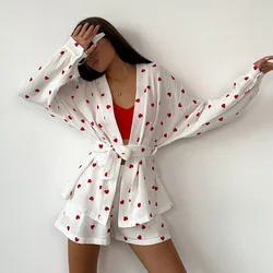 Autumn 100% Cotton Pink Heart Print Cardigan Shorts Loose Comfortable Pajamas Set For Women Sleepwear 2PCS Home Clothes