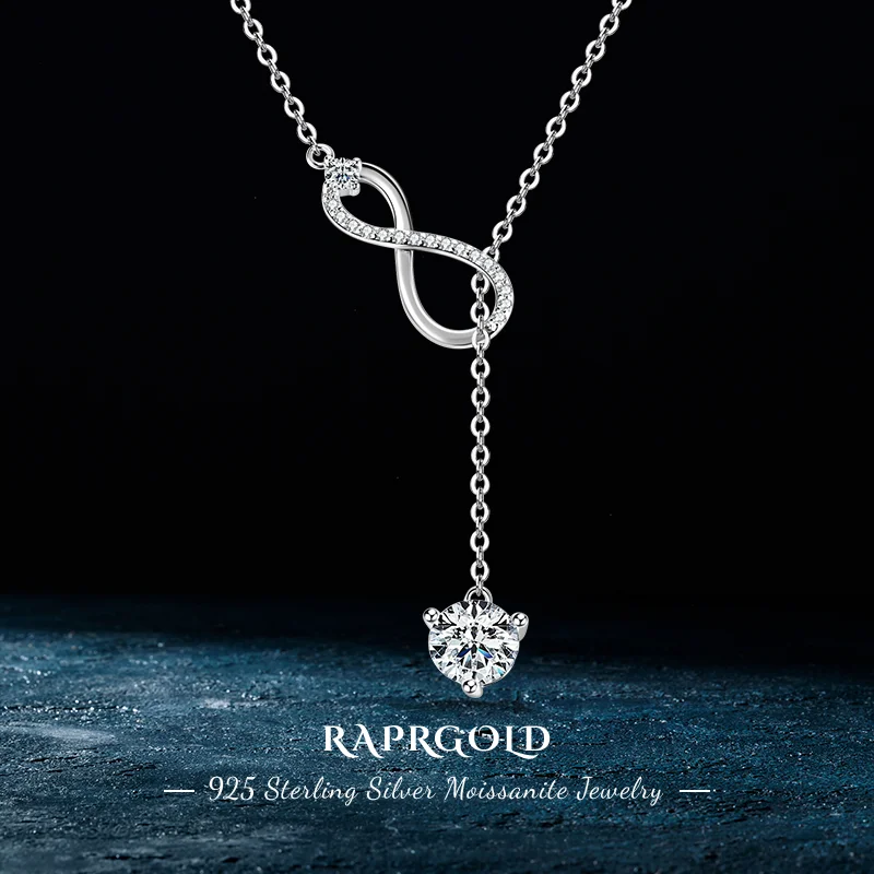 RAPRGOLD Round Moissanite Infinity Charm Pendant Necklace for Women S925 Sterling Silver Necklaces Chains Wedding Jewelry Gifts