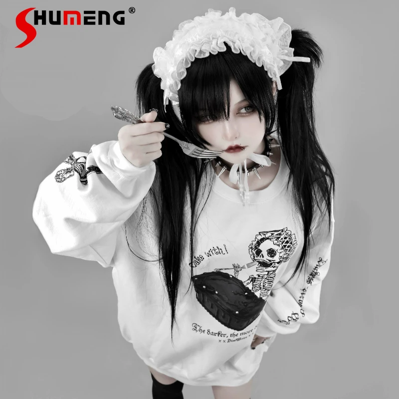 

Japanese Harajuku Style Dark Black Cute Skull Cake Print Loose Round Neck Sweatshirt Long Sleeves T-shirt Pullovers Cool Clothes