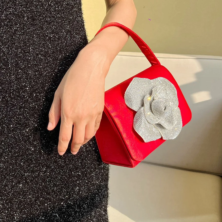 Vintage Rose Rhinestone Small Square Bag Satin Sparkling Wedding Party Tote Bags Elegant Flower Flap Handbag Dinner Clutch Purse