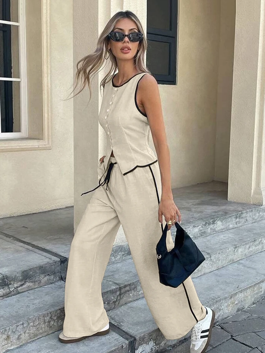 Marthaqiqi Summer Ladies Nightgowns Set O-Neck Sleepwear Tank Tops Pajamas Sleeveless Nightie Pants Cotton Female Nightwear Suit