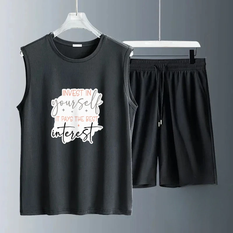

2025 Men Casual Summer Sleeveless Rock English print Daily Outfit Comfortable Breathable Lightweight Shorts Set for Daily suits
