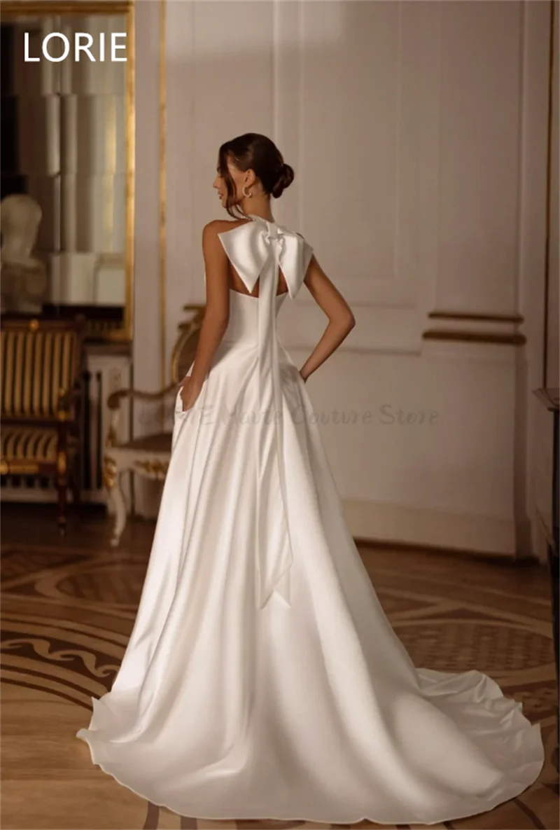 LORIE A-line Elegant Satin Side Split Wedding Dress Back Bow Sleeveless Bridal Gowns vestidos de novia Halter Customized 2025