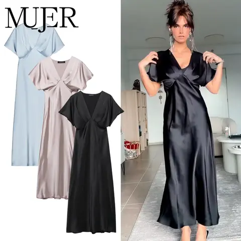 MUJER 2025 Satynowa długa sukienka damska Czarna drapowana sukienka midi dla kobiet Elegancka sukienka damska na imprezę Sukienka damska z krótkim rękawem Chic