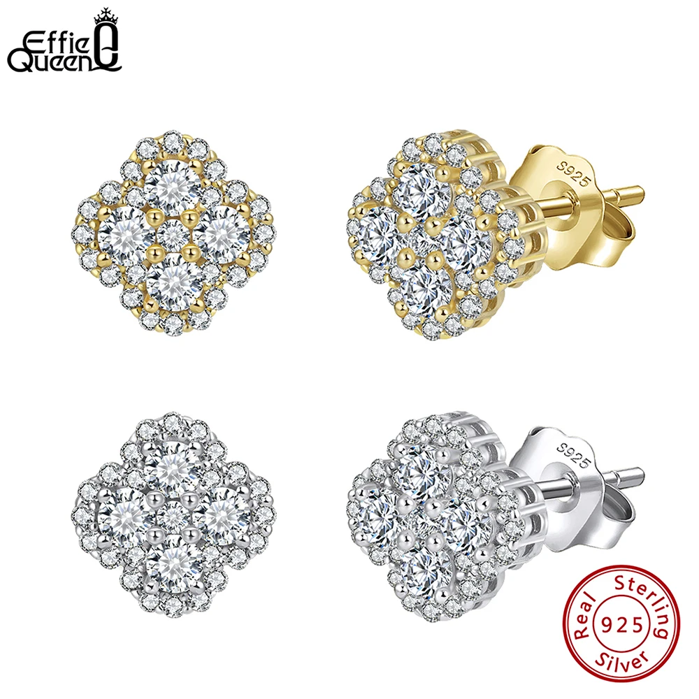 

EFFIE QUEEN 925 Sterling Silver Four-leaf Clover Stud Earrings Shiny 5A Zircon Lucky Earrings Exquisite Banquet Jewelry LZE57