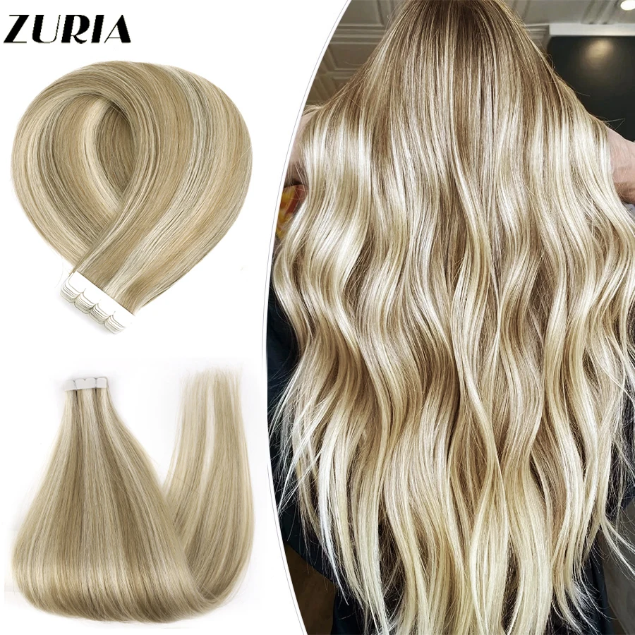 ZURIA-extensiones de cabello humano para mujer, 10 piezas, Mini cinta adhesiva, Original, Natural, recto, 12-24 pulgadas