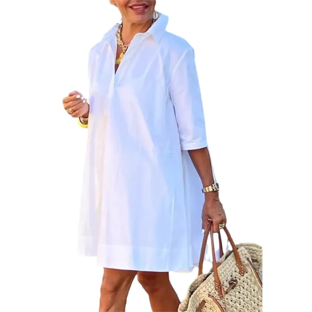 Mulheres casual cor sólida com decote em v camisa vestido 2025 senhora do escritório moda verão novo solto branco meia manga a linha vestido streetwear