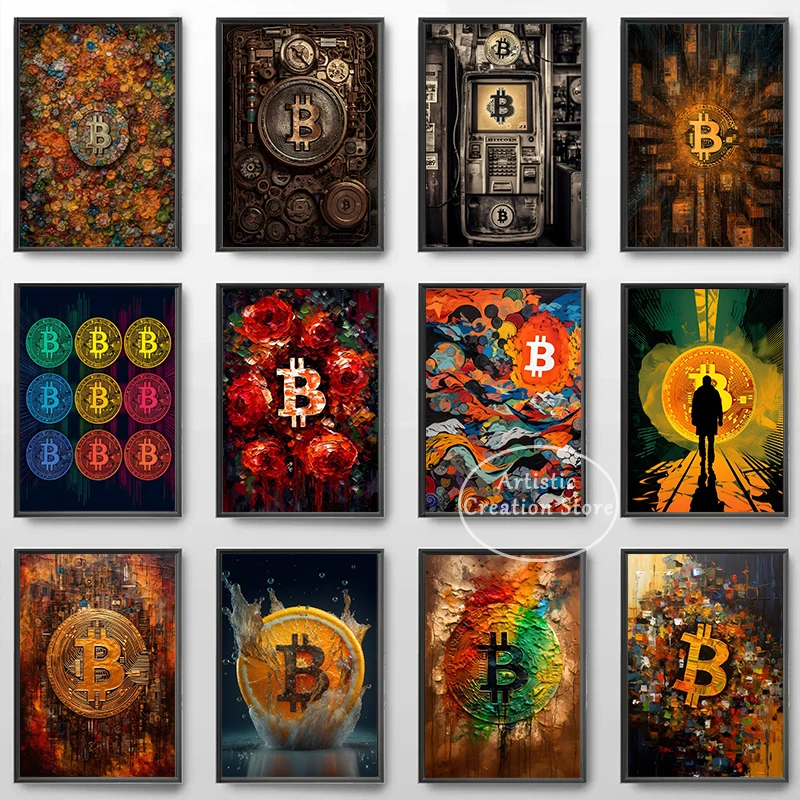 Graffiti Vintage Bitcoin Orange ATM Digital Gold Rush Poster Canvas Painting Prints Wall Art Pictures Living Room Home Decor