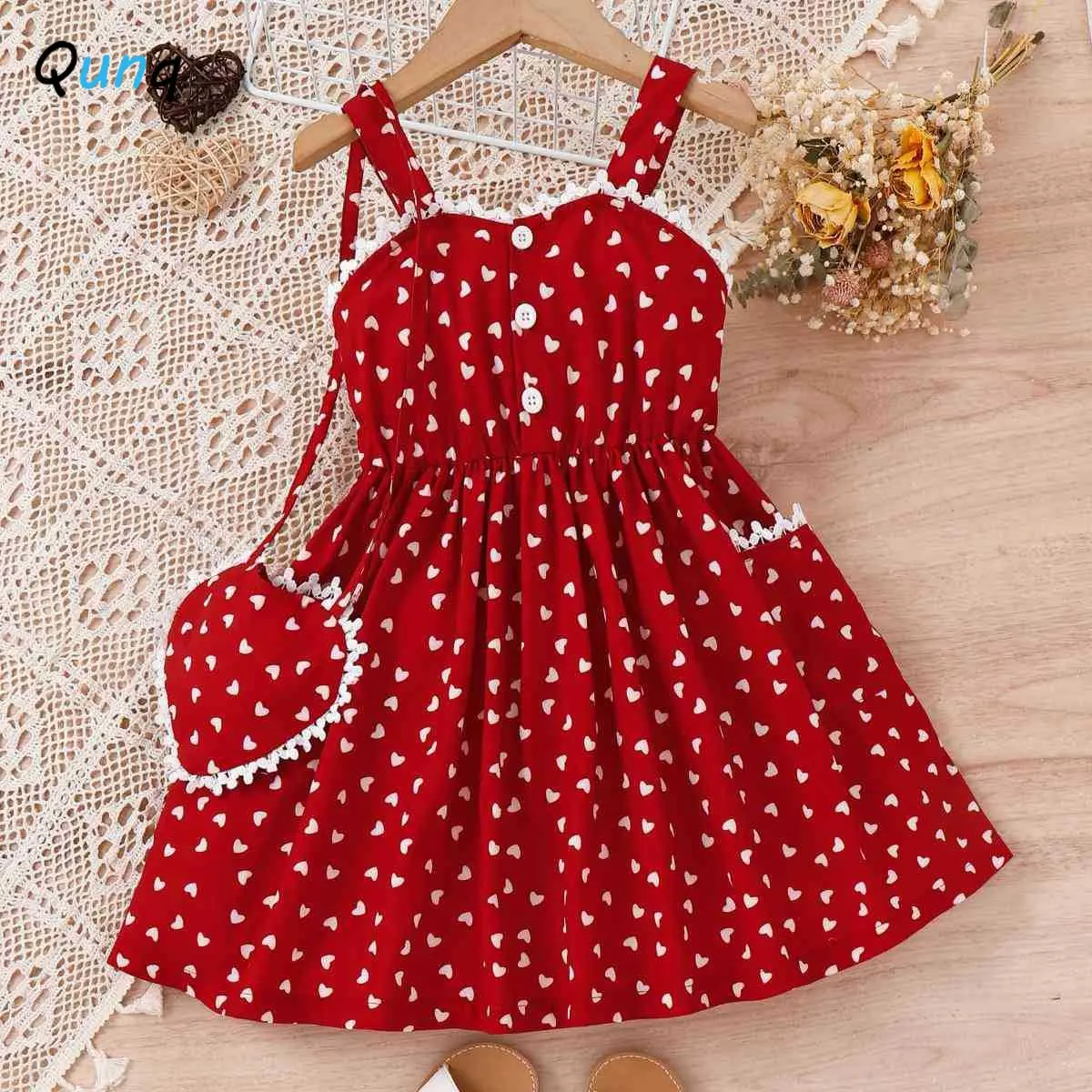 

Qunq 2023 Summer Girls Love Print Suspender Lace Edge Patchwork Princess Dress And Lovely Backpack Casual Kids Clothes Age 3T-8T