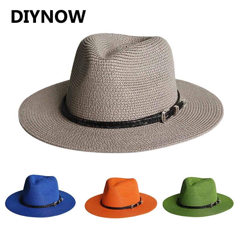 Sombrero Panamá Clásico de Ala Ancha para Hombre y Mujer, Sombrero Fedora de Paja Vintage de Verano con Banda de Cuero, Sombrero de Sol Colorido para la Playa