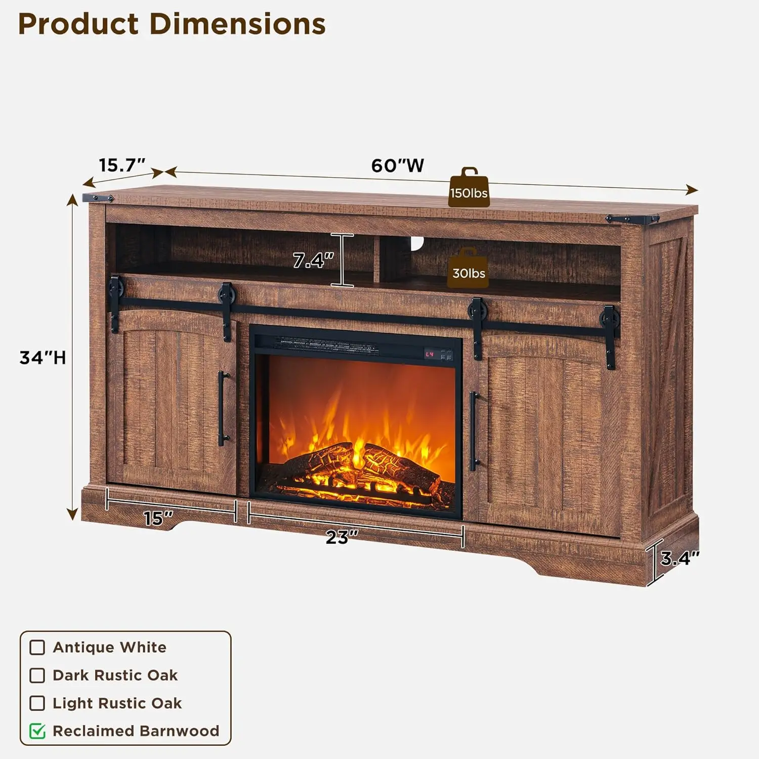 TV Stand with Electric Fireplace Open Storage Shelves Realistic Flame Colors Energy-saving Heating Modes Easy Assembly