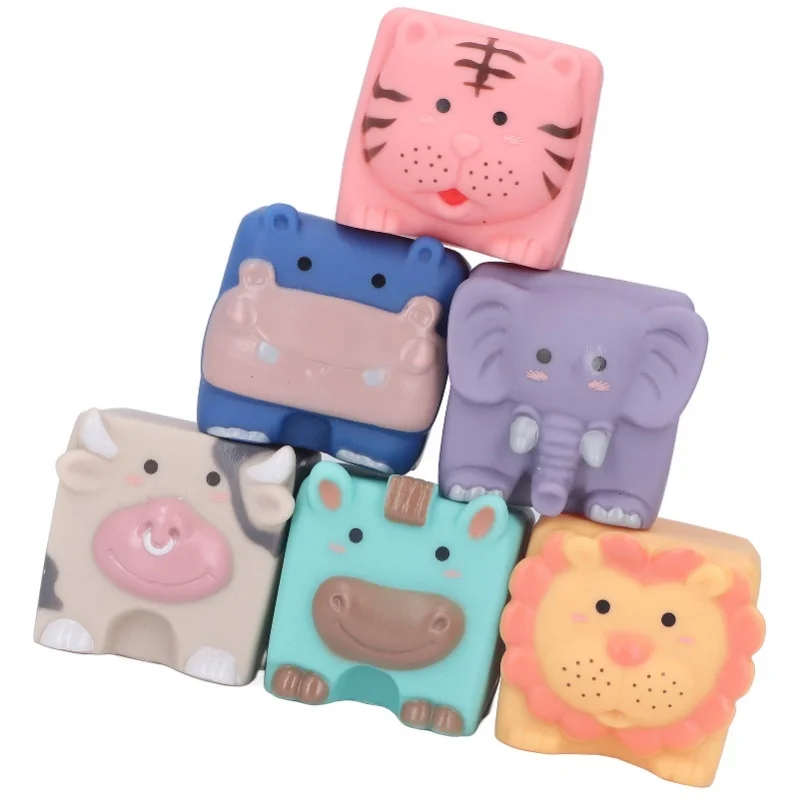 6 個のベビーブロック ソフトシリコン 教育用スクイーズプレイ 動物の形のテクスチャー付き 赤ちゃん 幼児向け 6ヶ月以上