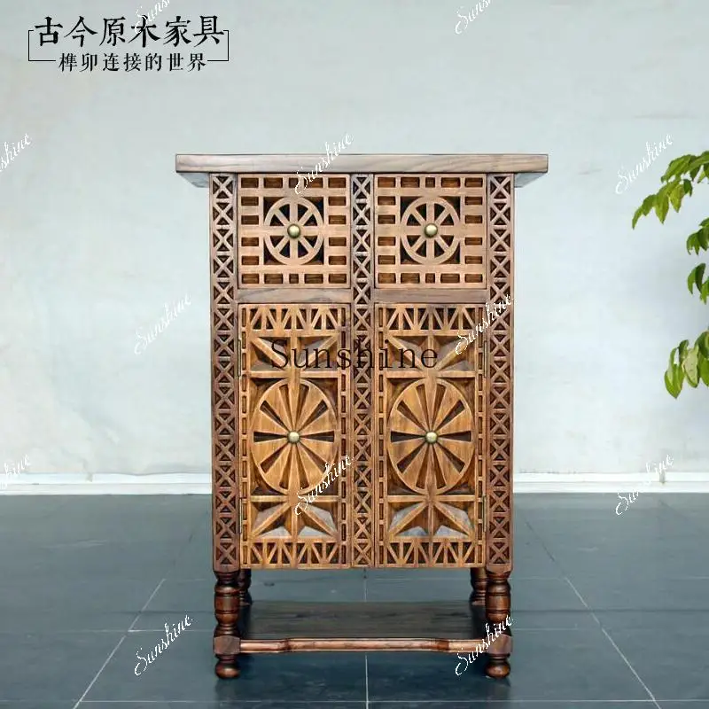 

Solid wood small shoe cabinet Log CB233-13 Thai carved decorative entrance cabinet FT