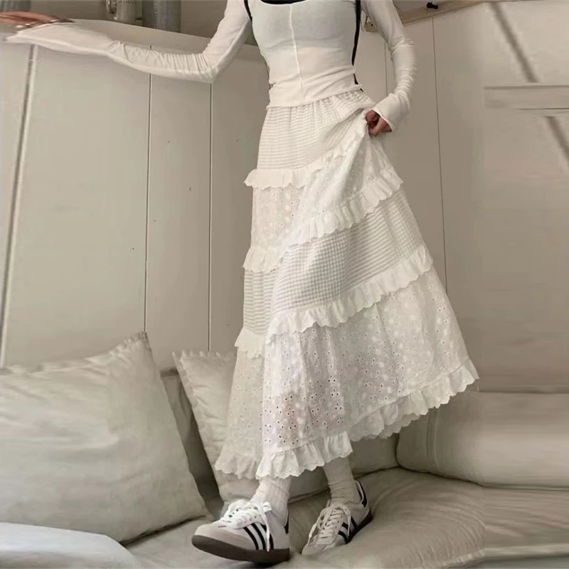 2024 Summer Women Stylish Ruffle Hollow Lace Patchwork Beach Long Skirts Vintage Casual High Waist White Loose A-line Maxi Skirt