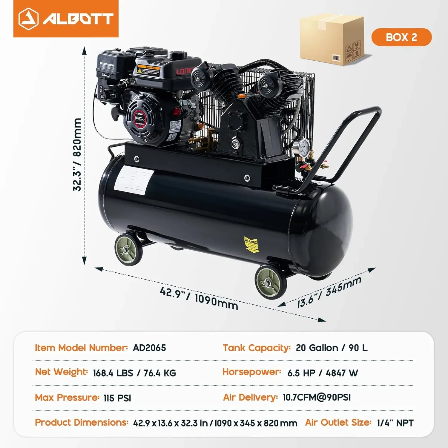 6.5HP Gas Air Compressor, 20 Gallon Portable Horizontal Tank, 10.7 CFM @ 115 PSI, 196cc Gas Engine, Heavy Duty Air Compressor