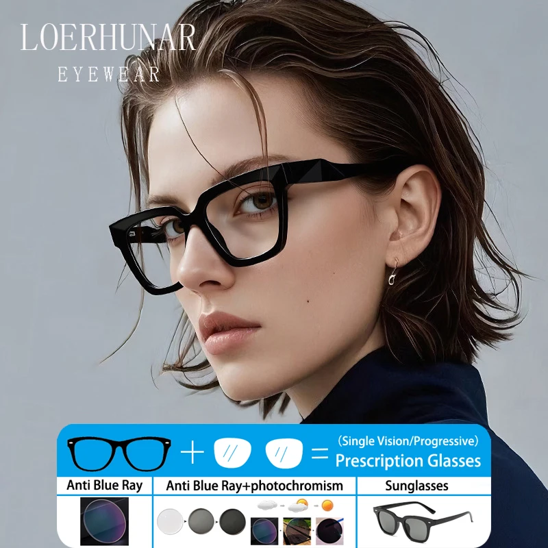 

Fashion Brand Acetate Insert Square Eyeglass Frame Women Anti Blue Light Optical Prescription Customized Photochromic Glasses