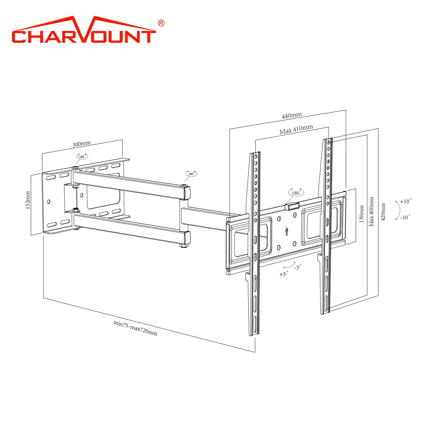 180 Degrees Swivel Tv Wall Mount 720mm Long Arm Full Motion Tv Bracket Max VESA 400*400mm Tv Mount