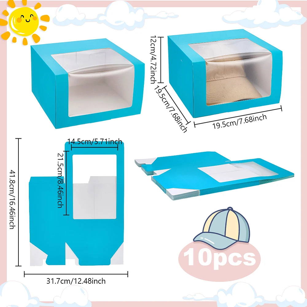 10 Pack Hat Storage Box with Window Baseball Cap Display Box 7.6x7.6x4.7 Inches Snapback Storage Container Square Hat Box