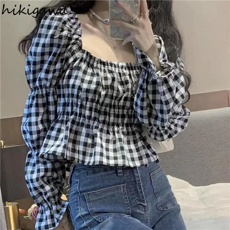 

Square Collar Lantern Sleeve Blouse Women's Clothing Crop Tops Summer Sweet Shirts 2025 Blusas Mujer De Moda Chic Plaid Blouses
