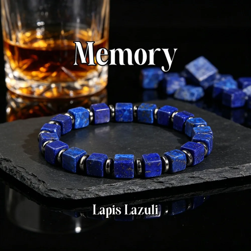Casual-style Square Lapis Lazuli Bead Memory Bracelet Handcrafted Elastic Cord Skinfriendly Suitable for Daily Wear for Both Men