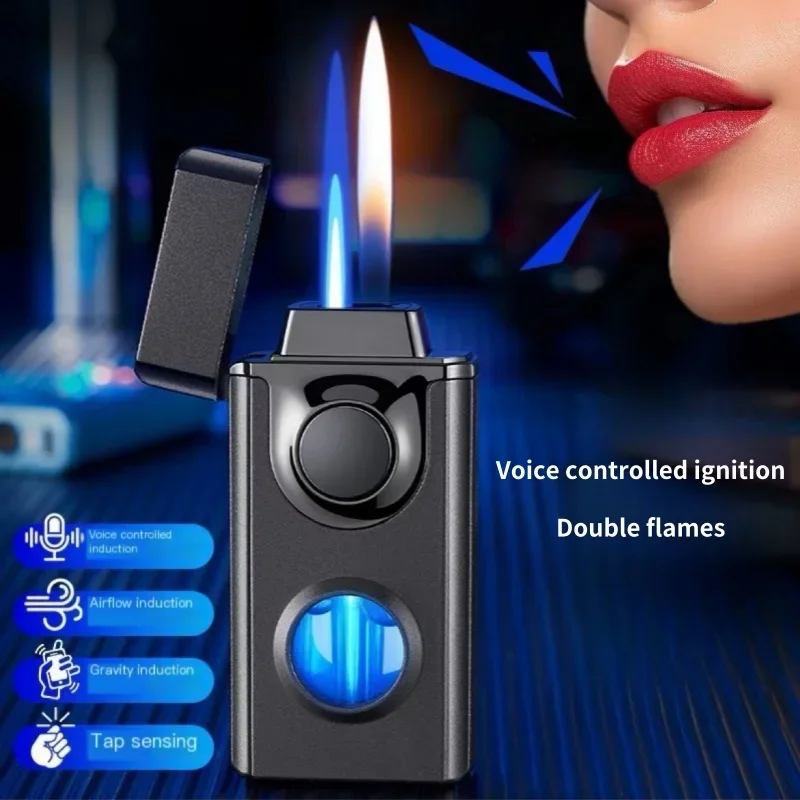 Intelligent Voice Controlled Dual Fire Butane Gas Lighter 4 Ignition Modes Blue Light Visible Gas Window USB Electric Lighters