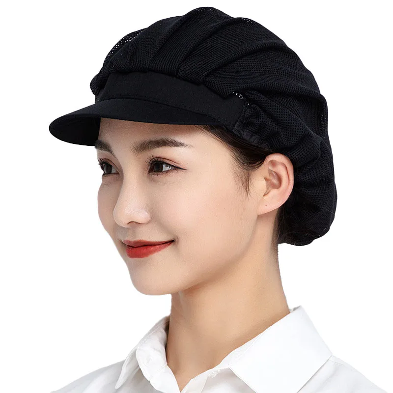 Gorro de trabajo de malla transpirable para hombre y mujer, gorro cubierto de pelo para taller, servicio de comida, horneado, visera de cocina con ala