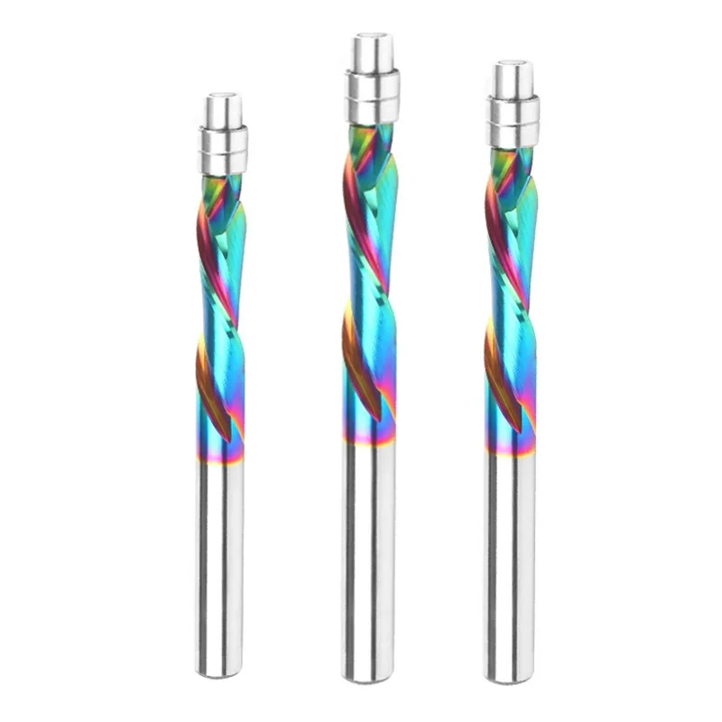 Solid Carbide Composite Trim Bit Color Coated Single Bearing Compression Spiral Router Bit for CNC Woodworking