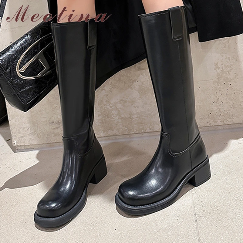 

Meotina Women Genuine Leather Knee High Boots Round Toe Chunky Mid Heels Platform Long Boot Ladies Fashion Shoes Autumn Winter