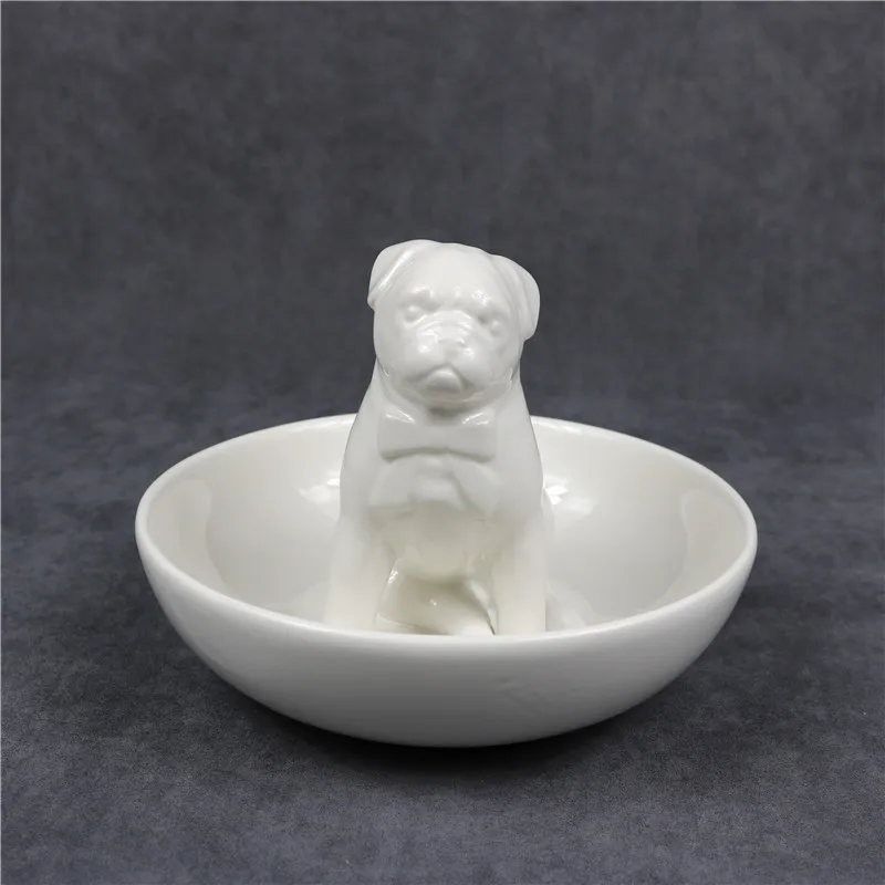 Porcelain Bulldog Figurine Storage Plate Decor Ceramics Terrier Puppy Sculpture Organizer Tray Gift and Craft Adornment