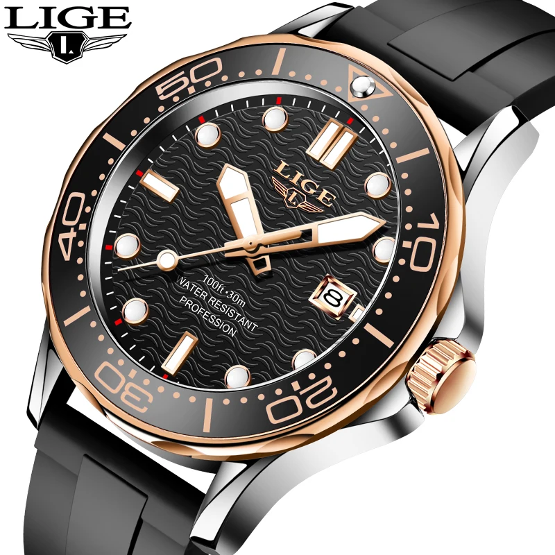 LIGE Man Watch Business Date Fashion Luxury Sports Quartz Watches for Men Waterproof Luminous Silicone Wristwatches Reloj Hombre